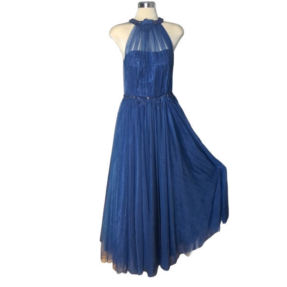 Luxury Designer Blue Beaded Embroidery Illusion Halter \ Ball Gown Blue Size S - Picture 8 of 16